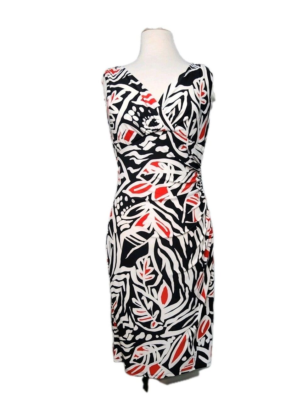 Lauren Ralph Lauren Empire Ruched Sheath Dress Black/Red Women 10 Tropical Midi